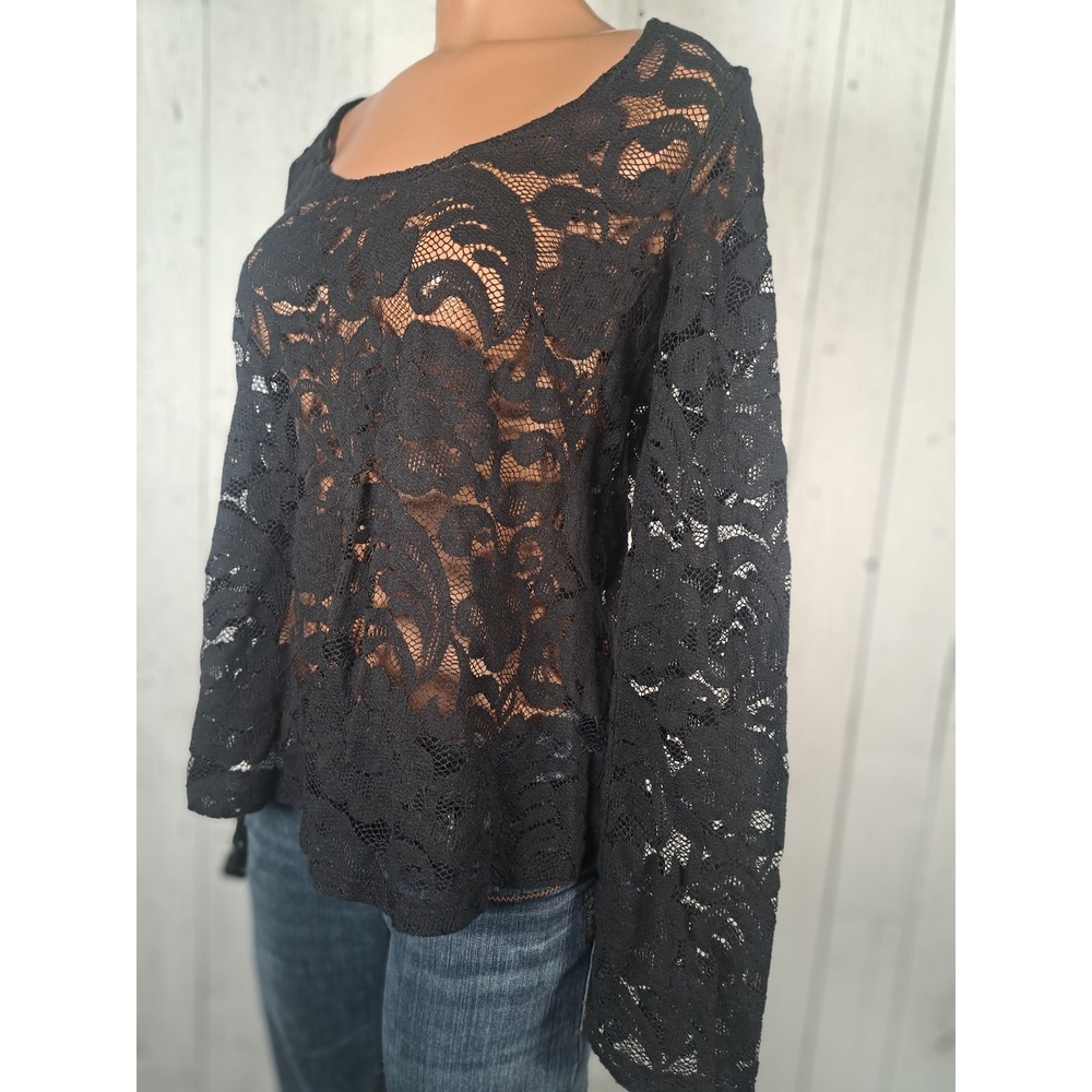 Express Womens Black Floral Lace Long Sleeve Sheer Scoop Neck Top Size XS